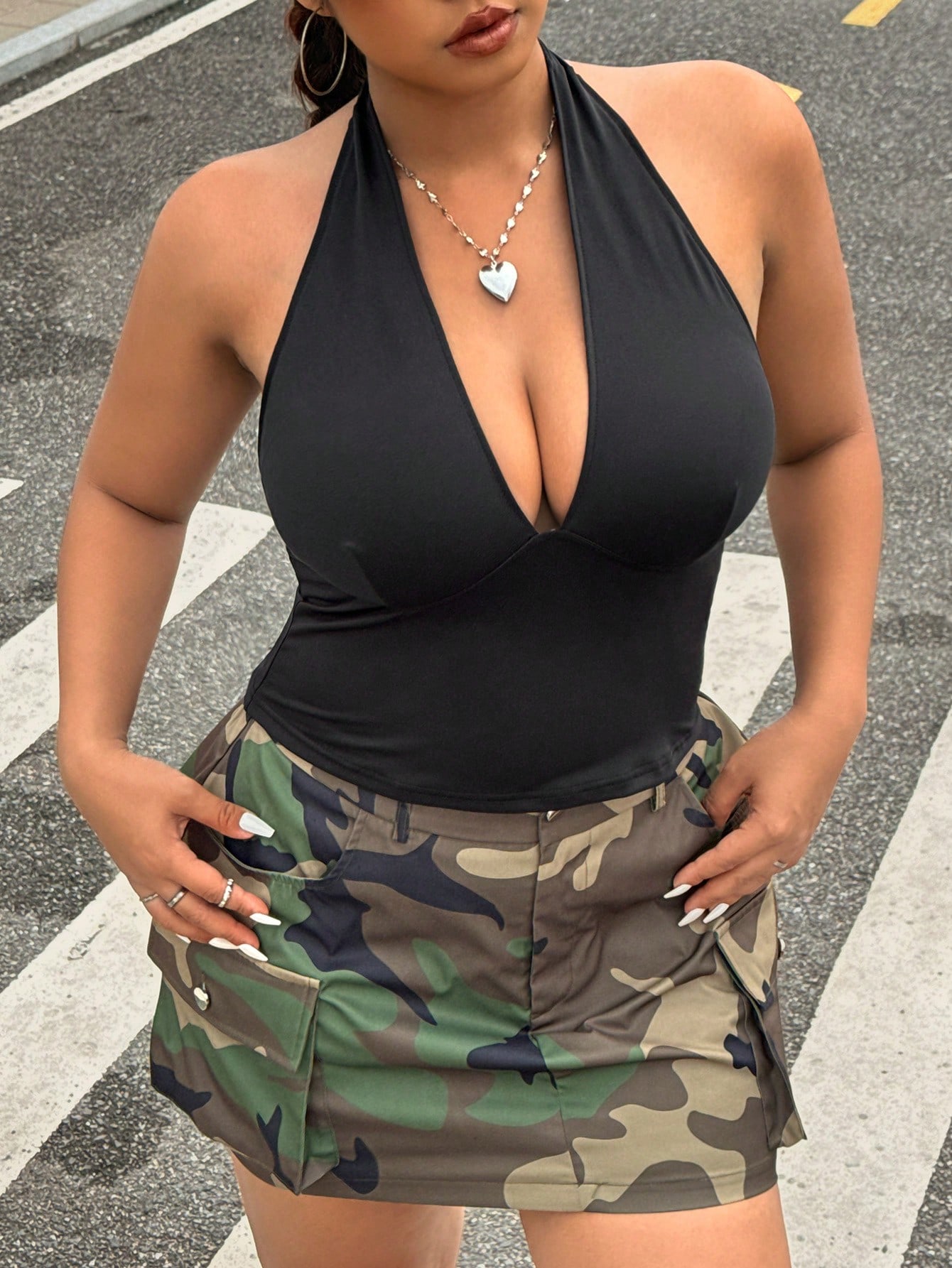 Halter Neck Top - Nova Moda, Cor Sólida, Tamanho Grande,