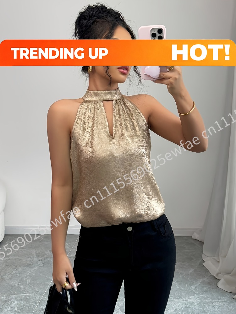 Halter Neck Top - Blusa Feminina Dourada Champanhe Brilhante com