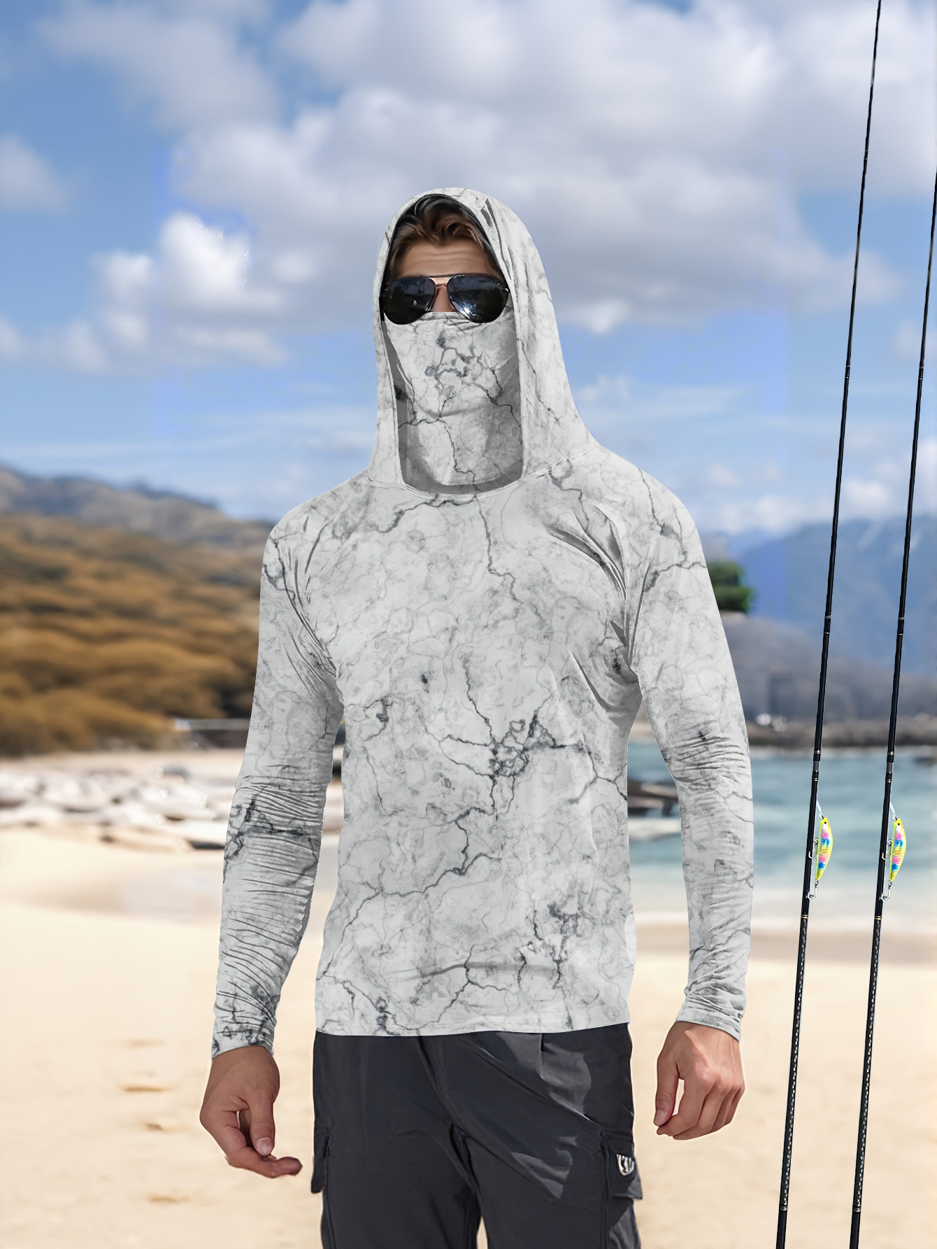 Summer Knit Clothing - Camisa de pesca masculina com capuz,