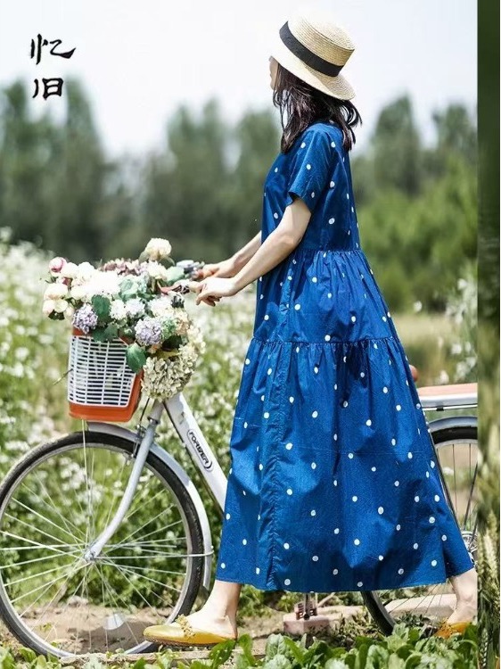 Summer Clothing Label - Vestido Feminino Azul de Algodão Puro
